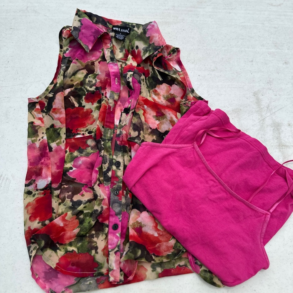 Floral Sleeveless Blouse and Pink Tank Top